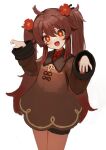  1girl :d ahoge bangs brown_dress brown_hair claw_pose collared_shirt commentary cowboy_shot dress flasso flower genshin_impact hair_flower hair_ornament hands_up highres hu_tao_(genshin_impact) long_hair long_sleeves looking_at_viewer open_mouth red_flower red_shirt shirt simple_background smile solo twintails white_background younger 