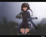  1girl :o artist_name black_bodysuit black_gloves black_legwear bodysuit breasts brown_hair commentary damaged english_text eyebrows_visible_through_hair feet_out_of_frame girls&#039;_frontline gloves gun hair_ornament hairband highres looking_at_viewer mechanical_arms mechanical_parts medium_breasts medium_hair open_mouth prosthesis red_eyes simple_background single_mechanical_arm smoke solo standing thighhighs treeman type_79_(girls&#039;_frontline) weapon white_hairband 
