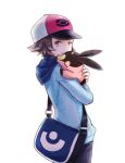  1boy bag baseball_cap blue_bag blue_jacket brown_eyes brown_hair closed_mouth commentary_request hat hilbert_(pokemon) holding holding_pokemon hood hooded_jacket jacket looking_at_viewer looking_to_the_side male_focus memi_(gamemix) messenger_bag pants poke_ball_print pokemon pokemon_(creature) pokemon_(game) pokemon_bw short_hair shoulder_bag smile tepig white_background 