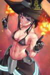  1girl abs absurdres bangs bare_shoulders bikini bikini_top black_bikini black_gloves black_hair black_headwear black_skirt blush breasts cleavage closed_mouth collarbone commentary_request cowboy_shot en&#039;en_no_shouboutai eyebrows_visible_through_hair fire fireball gloves groin hat highres index_fingers_raised long_skirt looking_at_viewer maki_oze medium_breasts metal_gloves midriff muscular muscular_female navel ponytail purple_eyes red_background sidelocks skirt smile solo standing swimsuit toin_(koto54576897) witch_hat 