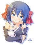  1girl :o bangs bare_shoulders black_jacket blue_eyes blue_hair blush borrowed_character bow breasts cleavage commentary_request cropped_torso eyebrows_visible_through_hair frilled_sleeves frills hair_between_eyes hair_bow hand_up jacket kaiware-san long_sleeves looking_at_viewer medium_breasts off_shoulder orange_bow original parted_lips red_bow shadow signature sleeves_past_wrists solo upper_body white_background 