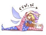  1girl american_flag_legwear american_flag_shirt arms_up bangs blonde_hair blush breasts closed_mouth clownpiece commentary_request eyebrows_visible_through_hair fairy_wings hair_between_eyes hands_up hat highres jester_cap long_hair looking_down medium_breasts no_shoes pants pantyhose pink_eyes polka_dot purple_headwear shadow shirt shitacemayo short_sleeves sitting solo star_(symbol) star_print striped striped_pants striped_shirt touhou translation_request wings 