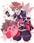  1boy brown_hair crown_(symbol) fingerless_gloves gloves highres hood hood_down jacket jewelry kingdom_hearts kingdom_hearts_ii kirby kirby_(series) leaning_forward looking_at_another necklace smile sora_(kingdom_hearts) spiked_hair super_smash_bros. yataba 