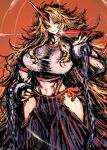  1girl blonde_hair breasts chain commentary_request cuffs cup hand_on_hip holding horns hoshiguma_yuugi large_breasts long_hair midriff moto_murabito muscular oni red_eyes sakazuki shirt single_horn skirt solo sparkle thighs touhou very_long_hair 