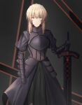  1girl absurdres armor armored_dress artoria_pendragon_(fate) black_background black_dress blonde_hair braid breastplate commentary_request dark_persona dress excalibur_morgan_(fate) expressionless facial_mark fate/stay_night fate_(series) french_braid gauntlets highres hwa_n01 looking_at_viewer planted planted_sword saber_alter solo sword weapon yellow_eyes 