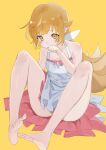  1girl absurdres an_skill ass bangs bare_legs bare_shoulders barefoot blonde_hair blush_stickers collarbone commentary curled_fingers dress feet full_body hand_to_own_mouth highres knees_up legs long_hair looking_at_viewer monogatari_(series) on_ground oshino_shinobu parted_lips pink_dress raised_eyebrows simple_background sitting sleeveless sleeveless_dress soles solo sundress thighs toes two-tone_dress upturned_eyes very_long_hair white_dress yellow_background yellow_eyes 