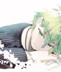  1boy amami_rantarou bangs bracelet danganronpa_(series) danganronpa_v3:_killing_harmony dated face flower green_eyes green_hair hair_between_eyes hair_flower hair_ornament jewelry long_sleeves looking_at_viewer lying male_focus messy_hair necklace on_stomach shiny shiny_hair shirt short_hair simple_background smile solo striped sumika_(rrz03) white_background white_flower 