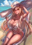  1girl :d ball beach beach_chair beachball bikini blonde_hair breasts cleavage cloud collarbone dark-skinned_female dark_skin denchi_more_power eyebrows_visible_through_hair flower hair_between_eyes hand_up hat hat_flower highres hololive huge_breasts innertube large_hat long_hair looking_at_viewer midriff multicolored_eyes navel o-ring o-ring_bottom open_mouth pointy_ears red_eyes see-through_shirt shiranui_flare short_sleeves sitting smile solo swimsuit thigh_strap thighs virtual_youtuber waves white_bikini yellow_eyes 