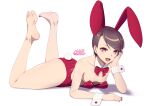  1girl animal_ears bare_legs barefoot bow bowtie breasts brown_hair commentary_request dated detached_collar fake_animal_ears feet full_body gundou_mirei hand_on_own_face legs leotard lying nail_polish nijisanji on_stomach playboy_bunny rabbit_ears rabbit_tail red_bow red_bowtie red_eyes red_leotard short_hair signal_dead signature simple_background small_breasts smile soles solo strap_slip strapless strapless_leotard tail the_pose thighs toes virtual_youtuber white_background wrist_cuffs 