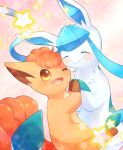  :d alopias closed_eyes closed_mouth fluffy glaceon holding_hands no_humans open_mouth pokemon pokemon_(creature) smile sparkle star_(symbol) vulpix yellow_eyes 