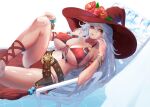  1girl bare_legs bare_shoulders belt bra breasts chair cleavage flower granblue_fantasy grey_hair hat kangaruu_(momotk1109) large_breasts large_hat looking_at_viewer magisa_(granblue_fantasy) multiple_belts navel panties red_bra red_headwear red_panties relaxed shaded_face sitting sitting_on_object stomach swimsuit thighs underwear wet wet_clothes witch_hat 
