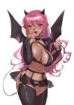  black_bra black_legwear black_panties bra breasts cunnilingus_gesture dark-skinned_female dark_skin demon_girl demon_horns demon_tail demon_wings garter_belt garter_straps highres horns looking_at_viewer naughty_face navel nozomi_no_hon open_mouth original panties pink_hair pointy_ears revealing_clothes see-through see-through_skirt skirt tail thighhighs underwear wings 