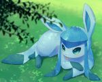  :p alopias aqua_eyes blurry blurry_foreground glaceon grass leaf lying no_humans on_stomach pokemon pokemon_(creature) shadow sidelocks tongue tongue_out 