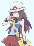  1girl agata_(agatha) bag blue_shirt brown_eyes brown_hair bucket_hat closed_mouth commentary_request frown hair_flaps hand_up hat holding holding_poke_ball leaf_(pokemon) long_hair looking_at_viewer messenger_bag pleated_skirt poke_ball pokemon pokemon_(game) pokemon_frlg red_skirt shirt shoulder_bag skirt sleeveless sleeveless_shirt solo vs_seeker white_background white_headwear wristband yellow_bag 