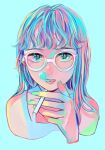  1girl absurdres aqua_hair bangs blowing_smoke blue_background blue_eyes cigarette face glasses green_nails hands highres holding holding_cigarette long_hair looking_at_viewer multicolored_hair open_mouth original portrait richard_(ri39p) simple_background white-framed_eyewear 