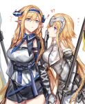  ! 2girls ? ?? ^^^ arknights bangs bare_shoulders blonde_hair blue_eyes blue_hairband blue_necktie breasts cowboy_shot dragon_girl dragon_horns elbow_gloves eyebrows_visible_through_hair fate/apocrypha fate_(series) gloves hair_between_eyes hairband highres horns jeanne_d&#039;arc_(fate) jeanne_d&#039;arc_(fate/apocrypha) large_breasts long_hair looking_at_another multiple_girls necktie parted_lips pointy_ears profile saileach_(arknights) shirt simple_background standing trait_connection very_long_hair white_background white_shirt zuo_daoxing 