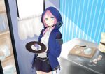  1girl arknights blue_jacket blue_poison_(arknights) blueberry cake commentary_request cup cutting_board dessert egg eggshell food fruit highres holding holding_plate hood hood_up hooded_jacket horizontal_pupils indoors jacket kana_(kkk021109) looking_at_viewer pink_hair plate shirt shorts solo standing twintails white_shirt 