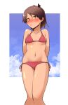  1girl absurdres arms_behind_back bikini blush breasts brown_eyes brown_hair commentary highres hunehoura kantai_collection navel nose_blush ponytail red_bikini shikinami_(kancolle) short_ponytail side-tie_bikini small_breasts solo standing swimsuit 