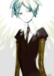  1other androgynous bangs closed_mouth collared_shirt commentary crystal_hair gem_uniform_(houseki_no_kuni) golden_arms green_eyes green_hair houseki_no_kuni looking_at_viewer necktie phosphophyllite sacog shirt short_hair short_sleeves solo 