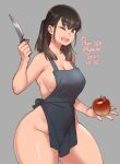  1girl agawa_ryou apple apron artist_name bangs bare_shoulders blue_apron breasts brown_eyes brown_hair cleavage collarbone commentary dated english_commentary eyebrows_visible_through_hair food fruit grey_background holding holding_food holding_fruit holding_knife knife large_breasts long_hair naked_apron numbered one_eye_closed open_mouth original sideboob simple_background smile solo teeth thick_thighs thighs tied_hair upper_teeth wide_hips 