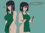  ... 2girls apron ass bare_shoulders black_hair blue_eyes breasts commentary english_commentary hair_between_eyes hong_doo iced_latte_with_breast_milk_(meme) kill_la_kill kiryuuin_satsuki large_breasts long_hair maebari matoi_ryuuko medium_breasts meme multicolored_hair multiple_girls naked_apron pen red_hair short_hair sideboob simple_background spoken_ellipsis standing thick_eyebrows two-tone_hair wet_apron 