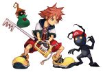  1boy 2others blue_eyes brown_hair chain fighting_stance fingerless_gloves gloves hat heartless holding hood hooded_jacket hungry_clicker jacket jewelry keyblade keychain kingdom_hearts kingdom_hearts_i kingdom_key male_focus mario mario_(series) multiple_others necklace simple_background sora_(kingdom_hearts) spiked_hair super_smash_bros. white_background yellow_footwear 