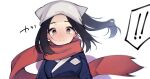  ! !! 1girl akari_(pokemon) black_hair blush closed_mouth commentary_request eyelashes floating_hair floating_scarf grey_eyes head_scarf jacket long_hair miya9 pokemon pokemon_(game) pokemon_legends:_arceus ponytail red_scarf scarf sidelocks smile solo upper_body white_background 