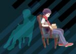  1boy book bracelet chair closed_mouth commentary_request from_side grey_pants holding holding_book jewelry lucas_(pokemon) male_focus memi_(gamemix) pants pokemon pokemon_(game) pokemon_dppt red_footwear red_scarf scarf shoes short_hair short_sleeves sitting spiked_hair 