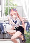  1girl alternate_costume belt blue_eyes bow bowtie couch genshin_impact half-closed_eyes high-waist_skirt highres long_hair looking_at_viewer on_couch pencil_skirt pillow pink_hair sangonomiya_kokomi sitting skirt solo vision_(genshin_impact) window zxny 