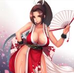  1girl arms_behind_back bangs bare_legs breasts brown_eyes brown_hair cherry_blossoms cleavage collarbone fatal_fury hand_fan highres kangaruu_(momotk1109) large_breasts looking_at_viewer ninja pelvic_curtain petals sagging_breasts shiranui_mai solo swept_bangs the_king_of_fighters thighs tied_hair 