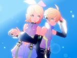  1boy 1girl aqua_eyes bangs bare_shoulders bell_sleeves belt black_shorts blonde_hair bloom blue_sky bow commentary covered_collarbone d_futagosaikyou day detached_sleeves grey_shirt hair_bow hair_ornament hairclip headphones high_collar hip_gear kagamine_len kagamine_len_(append) kagamine_rin kagamine_rin_(append) lens_flare looking_at_another open_mouth outdoors pendant_choker puffy_shorts shirt short_hair short_ponytail shorts sidelighting sky sleeveless sleeveless_shirt smile spiked_hair standing swept_bangs treble_clef upper_body vocaloid vocaloid_append white_bow white_shorts 