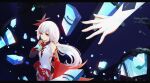  2girls asymmetrical_gloves bangs black_gloves chain china_dress chinese_clothes closed_mouth commentary dress elbow_gloves fu_hua fu_hua_(phoenix) gloves hair_between_eyes hair_ornament highres honkai_(series) honkai_impact_3rd kiana_kaslana kiana_kaslana_(white_comet) long_hair looking_up mismatched_gloves multicolored_hair multiple_girls ponytail qingye_ling red_eyes red_gloves shards sleeveless sleeveless_dress streaked_hair white_hair 