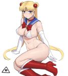  1girl artist_logo bikini bishoujo_senshi_sailor_moon blonde_hair blue_eyes blue_sailor_collar blush boots bow bowtie breasts choker circlet cleavage closed_mouth commentary crescent_choker detached_collar donburi_(donburikazoku) double_bun elbow_gloves foot_out_of_frame gloves hair_ornament high_heel_boots high_heels knee_boots legs long_hair looking_at_viewer medium_breasts micro_bikini navel red_choker sailor_collar sailor_moon sitting solo stomach swimsuit thighs tsukino_usagi twintails very_long_hair white_background white_bikini white_gloves yokozuwari 