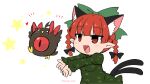  1girl :3 accessories_switch ahoge animal_ear_fluff animal_ears bangs black_bow blush bow braid cat_ears cat_tail chibi commentary_request dress extra_ears fang green_bow green_dress hair_bow heart highres is_this_a_pigeon_(meme) juliet_sleeves kaenbyou_rin long_sleeves medium_hair meme multiple_tails noai_nioshi open_mouth outstretched_arms parody pointy_ears puffy_sleeves red_bow red_eyes red_hair reiuji_utsuho reiuji_utsuho_(bird) star_(symbol) tail touhou twin_braids twintails twitter_username two_tails upper_body 