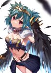  1girl bangs black_feathers black_wings blush breasts claws collar commentary_request commission eyebrows_visible_through_hair feathered_wings feathers green_hair hair_between_eyes harpy highres indie_virtual_youtuber kasumi_komo lincoro monster_girl pointy_ears pubic_tattoo red_eyes short_shorts shorts simple_background skeb_commission small_breasts solo stomach_tattoo tattoo tiara virtual_youtuber white_background winged_arms wings 