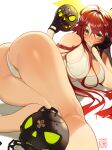  1girl ass ball_and_chain_restraint bangs bikini black_gloves breasts broken_halo crossed_bangs dorpos eyebrows_visible_through_hair gloves green_eyes guilty_gear hair_between_eyes halo hand_on_own_cheek hand_on_own_face head_rest highres jack-o&#039;_valentine large_breasts long_hair looking_at_viewer lying mask mask_removed on_side poch4n red_hair solo swimsuit white_background white_bikini 