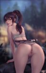  1girl anus artist_name ass bent_over blurry blurry_background brown_eyes brown_hair clothes_lift eyepatch from_behind highres licking_lips lips long_hair looking_at_viewer looking_back nioh no_panties personal_ami ponytail pussy sarashi skirt skirt_lift solo tongue tongue_out uncensored 