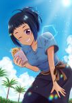  1girl absurdres black_hair blue_sky cloud commentary_request cup day disposable_cup drinking_straw hair_up hand_on_own_leg highres leaning_forward lens_flare midodo-12 one_eye_closed outdoors purple_eyes shaved_ice shiroi_suna_no_aquatope short_hair short_sleeves sky teruya_tsukimi 
