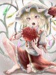  1girl adapted_costume bangs barefoot blonde_hair center_frills commentary_request cross-laced_clothes crystal eating embellished_costume eyebrows_visible_through_hair flandre_scarlet flat_chest food frills fruit gold_trim gradient gradient_background grey_background hair_between_eyes hat hat_ribbon highres holding holding_food knee_up light_particles mob_cap open_mouth oversized_food pink_eyes ponytail puffy_short_sleeves puffy_sleeves red_ribbon red_vest ribbon short_hair short_sleeves simple_background sitting solo strawberry teeth toes touhou tqg_07 vest white_headwear wings 