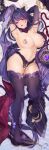 1girl ahegao armpits arms_up bangs bed_sheet black_panties breasts clothes_removed crotch_cutout curvy feet genshin_impact highres japanese_clothes large_breasts lingerie looking_at_viewer lying naughty_face navel obiwan on_back on_bed panties plump purple_eyes purple_hair purple_legwear raiden_shogun see-through thick_thighs thighhighs thighs tongue tongue_out topless underwear weisuoxin 