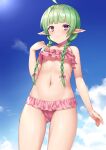  1girl ahoge alternate_costume bare_arms bare_shoulders bikini blue_sky blush braid breasts closed_mouth commentary_request cowboy_shot day fire_emblem fire_emblem_awakening frilled_bikini frills green_hair light_smile long_hair looking_at_viewer nah_(fire_emblem) navel outdoors pink_bikini pink_swimsuit pointy_ears purple_eyes sky small_breasts solo stomach swimsuit torimaru twin_braids 