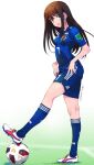  1girl 2018_fifa_world_cup adidas ball brown_hair cleats commentary_request full_body grass green_eyes highres idolmaster idolmaster_cinderella_girls inoue_sora japan japanese_flag kneehighs long_hair looking_at_viewer open_mouth revision shibuya_rin shorts signature smile soccer soccer_ball soccer_uniform socks solo sportswear telstar_18 world_cup 