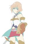  1girl aoaocha ashelia_b&#039;nargin_dalmasca belt blonde_hair blue_eyes breasts closed_mouth detached_sleeves final_fantasy final_fantasy_xii looking_at_viewer miniskirt shield short_hair simple_background skirt solo sword thighhighs weapon white_background 
