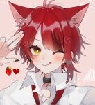  1boy a20190422 ahoge animal_ears black_choker black_nails blinking blush cat_ears choker collared_shirt commentary_request ear_piercing food_print heart heart_print highres original piercing pink_background shirt short_hair solo strawberry_print tongue tongue_out white_shirt yellow_eyes 