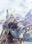  1boy arknights bangs beard cloak facial_hair feather_hair grey_hair hellagur_(arknights) long_hair looking_up mustache old parted_bangs parted_lips ren-co signature solo upper_body yellow_eyes 