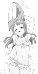  1girl armpits arms_up belly bikini blush breasts bubble closed_eyes flower greyscale hair_flower hair_ornament headband highres hip_bones idolmaster idolmaster_million_live! jewelry minazuki_tooru monochrome navel necklace open_mouth shirt_removed small_breasts solo swimsuit tanaka_kotoha teeth thighs v-shaped_eyebrows white_background 