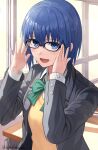  1girl adjusting_eyewear bangs black-framed_eyewear black_jacket blue_eyes blue_hair blush bow bowtie buttons ciel_(tsukihime) collared_shirt commentary_request desk eyebrows_visible_through_hair glasses green_bow green_bowtie hair_between_eyes highres indoors jacket junshiki long_sleeves looking_at_viewer open_clothes open_jacket open_mouth school_uniform shirt short_hair signature smile solo tongue tsukihime tsukihime_(remake) uniform upper_body vest white_shirt window yellow_vest 