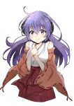  1girl bangs blush detached_sleeves eyebrows_visible_through_hair hakama hakama_skirt hanyuu highres higurashi_no_naku_koro_ni horns japanese_clothes long_hair looking_at_viewer miko purple_eyes purple_hair red_hakama shosudo simple_background skirt smile solo white_background 