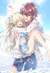  1boy 1girl blonde_hair blue_eyes carrying hair_ribbon happy highres hug kuroi_mimei liz_hohenstein long_hair muvluv muvluv_alternative ocean princess_carry red_hair ribbon schwarzesmarken smile swimsuit theodor_edelbach very_long_hair 