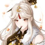  1girl black_gloves claw_ring commentary_request dengxunfan dress finger_to_mouth fur-trimmed_dress fur_trim gem genshin_impact gloves hair_ornament hair_rings hair_stick highres long_hair looking_at_viewer ningguang_(genshin_impact) red_eyes solo tassel white_background white_hair 